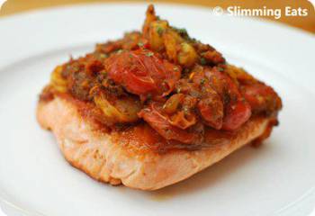 Salmon Topped With Spicy Prawns