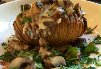 Hasselback Potatoes With Cheesy Garlic Mushrooms